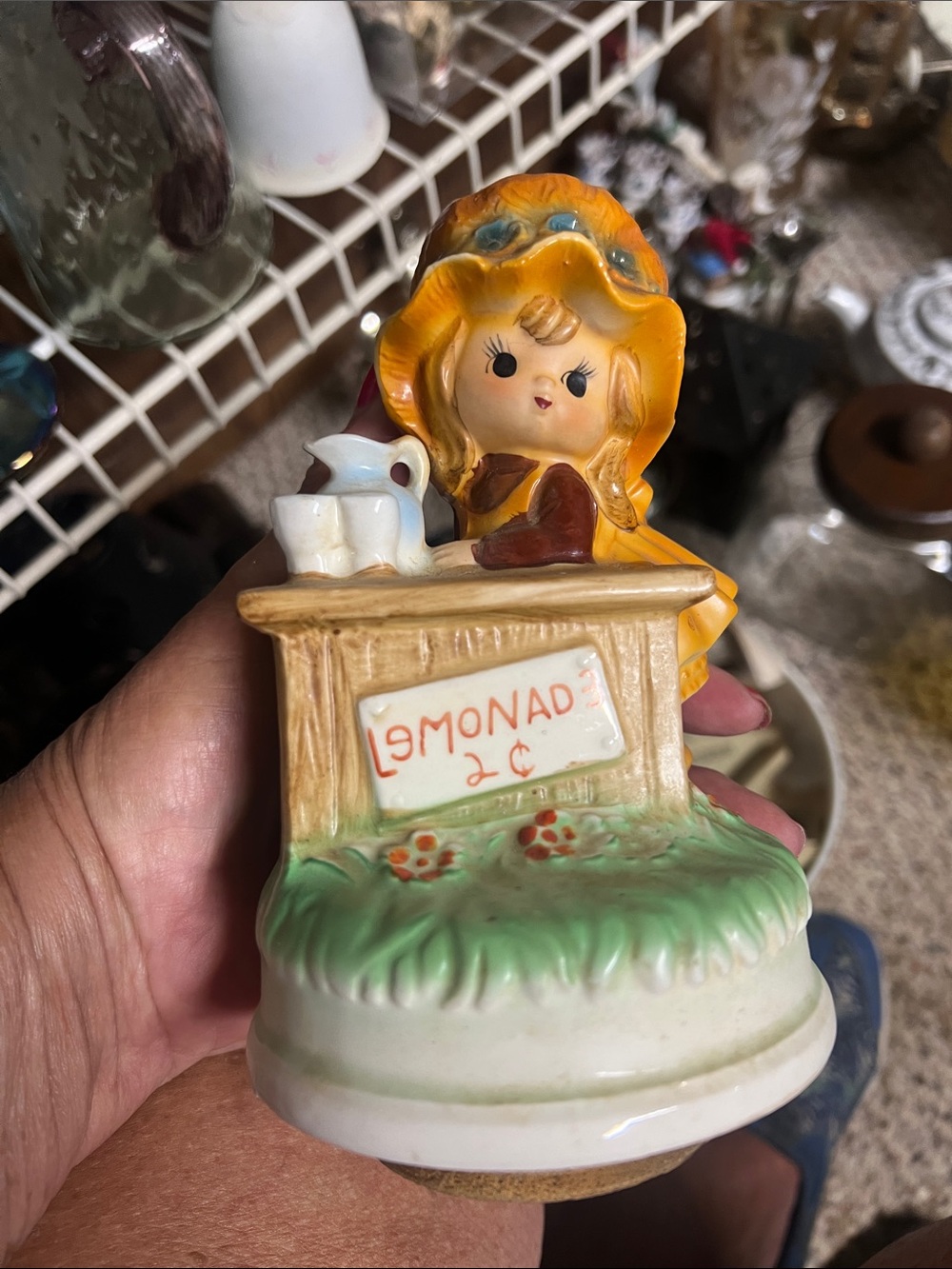 Vintage Ceramic Lemonade Stand music box Yellow Hat Girl